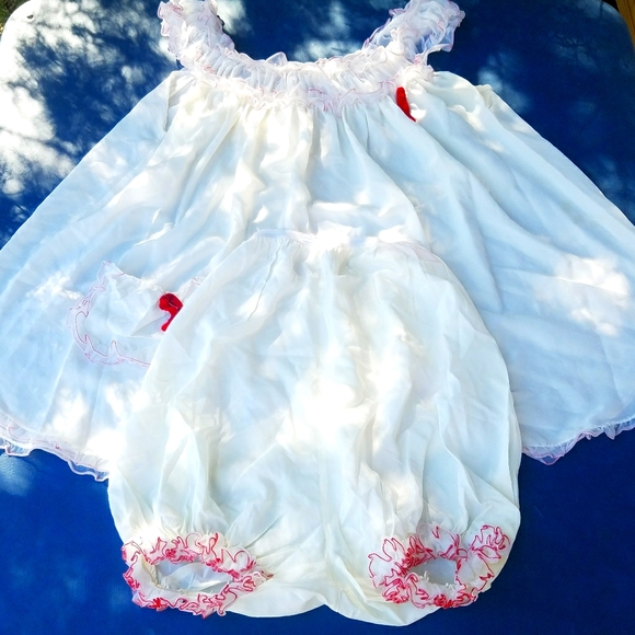 Vintage Other - VTG Lingerie Set Babydoll Top Bloomers White Red